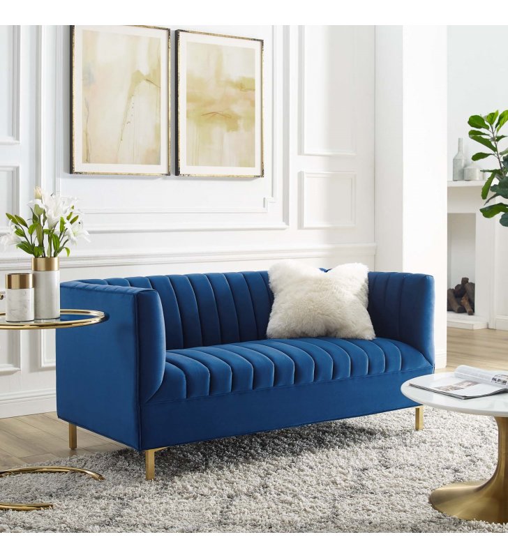 Shift Channel Tufted Performance Velvet Loveseat in Navy - Lexmod