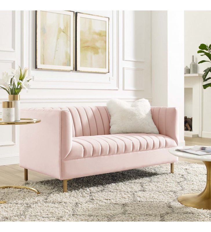 Shift Channel Tufted Performance Velvet Loveseat in Pink - Lexmod