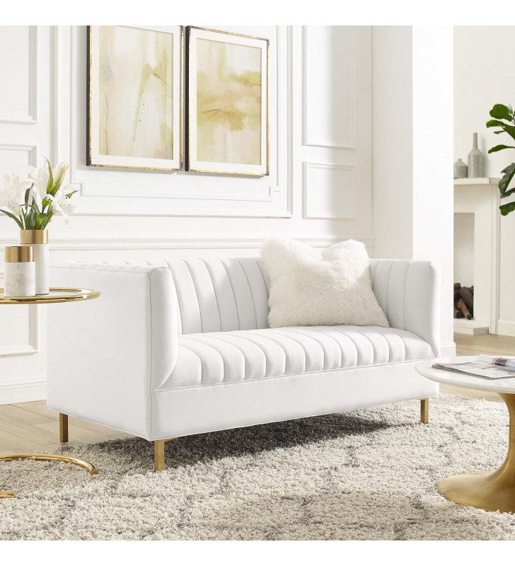 Shift Channel Tufted Performance Velvet Loveseat in White - Lexmod