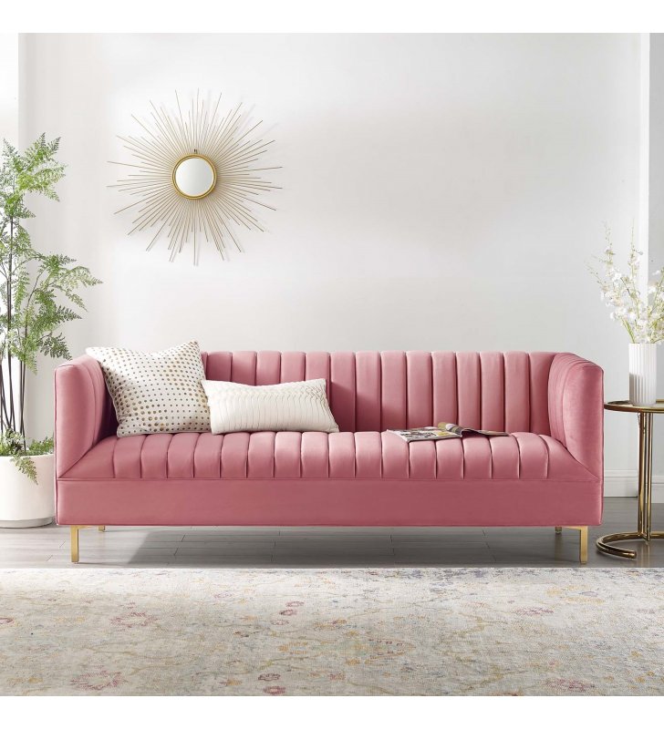 Shift Channel Tufted Performance Velvet Sofa in Dusty Rose - Lexmod