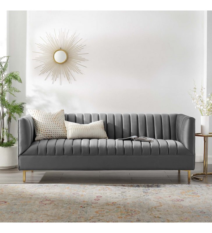 Shift Channel Tufted Performance Velvet Sofa in Gray - Lexmod