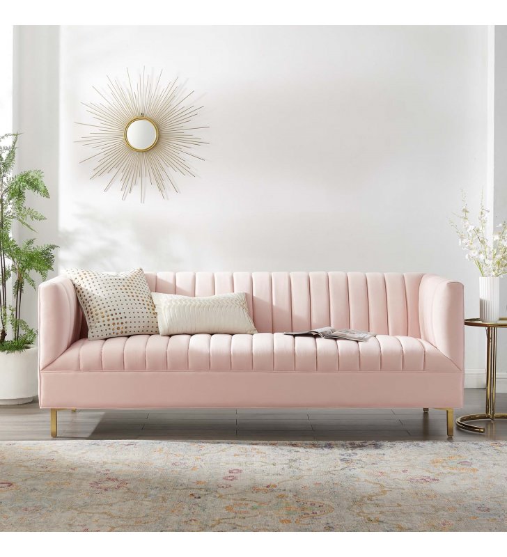Shift Channel Tufted Performance Velvet Sofa in Pink - Lexmod
