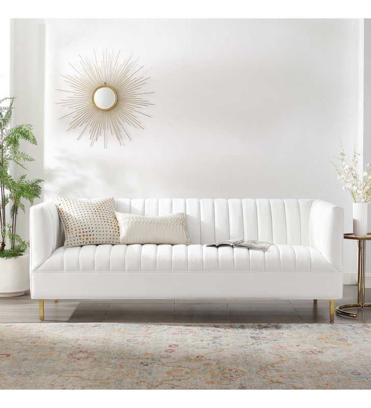 Shift Channel Tufted Performance Velvet Sofa in White - Lexmod