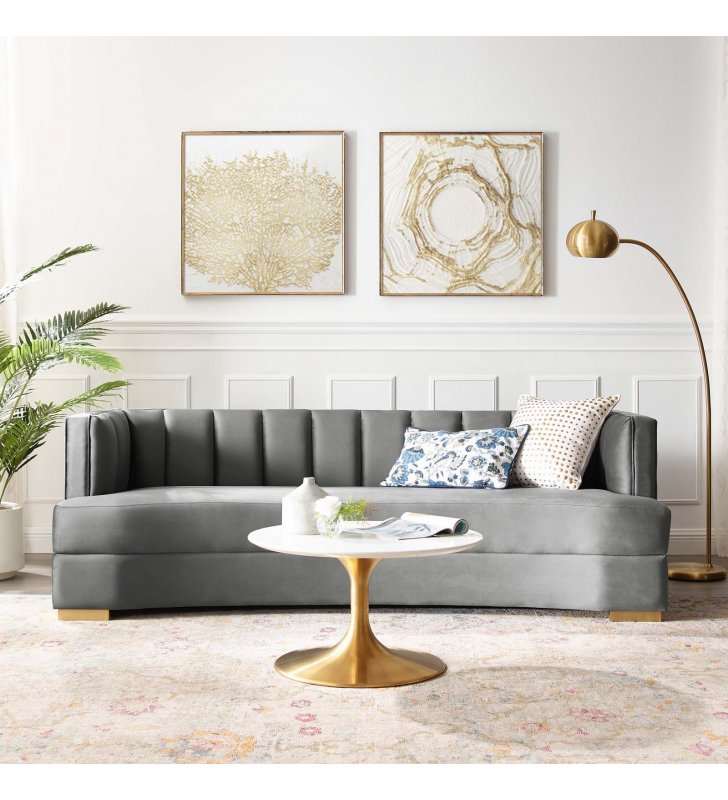 Encompass Channel Tufted Performance Velvet Curved Sofa in Gray - Lexmod