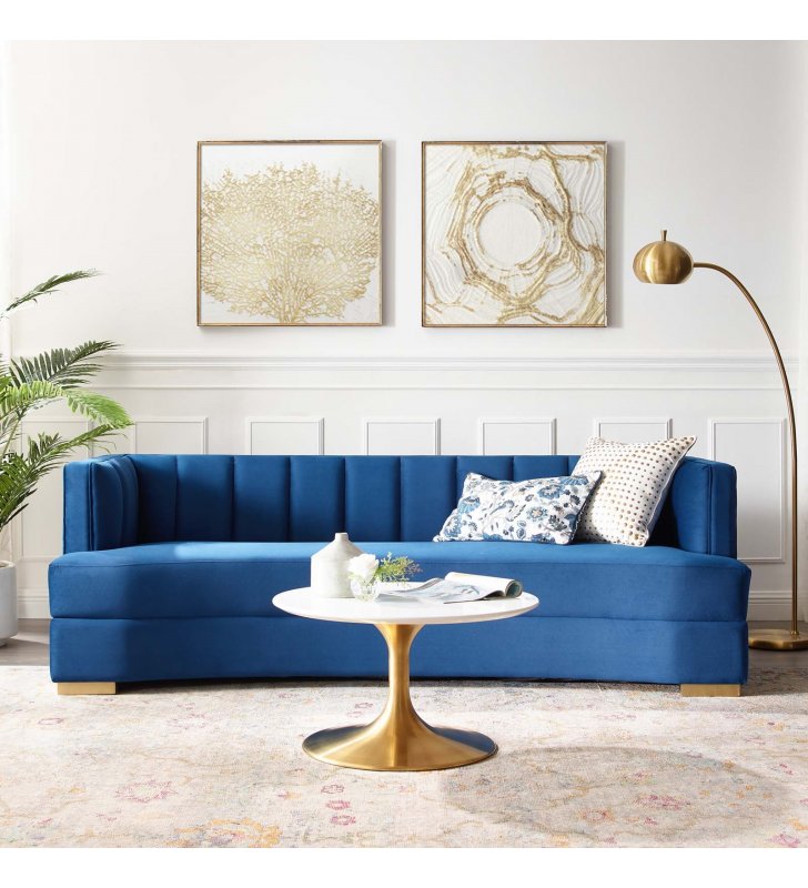 Encompass Channel Tufted Performance Velvet Curved Sofa in Navy - Lexmod