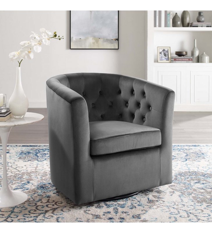 Prospect Tufted Performance Velvet Swivel Armchair in Charcoal - Lexmod
