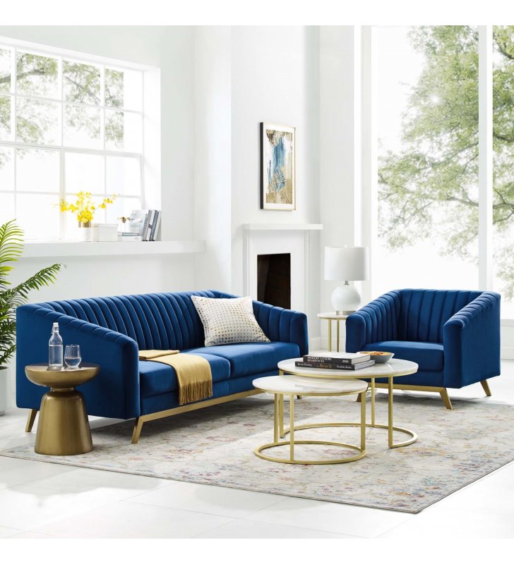 Valiant Vertical Channel Tufted Performance Velvet Sofa and Armchair Set in Navy - Lexmod