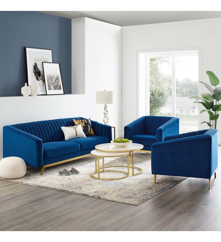 Valiant Vertical Channel Tufted Upholstered Performance Velvet 3 Piece Set in Navy - Lexmod