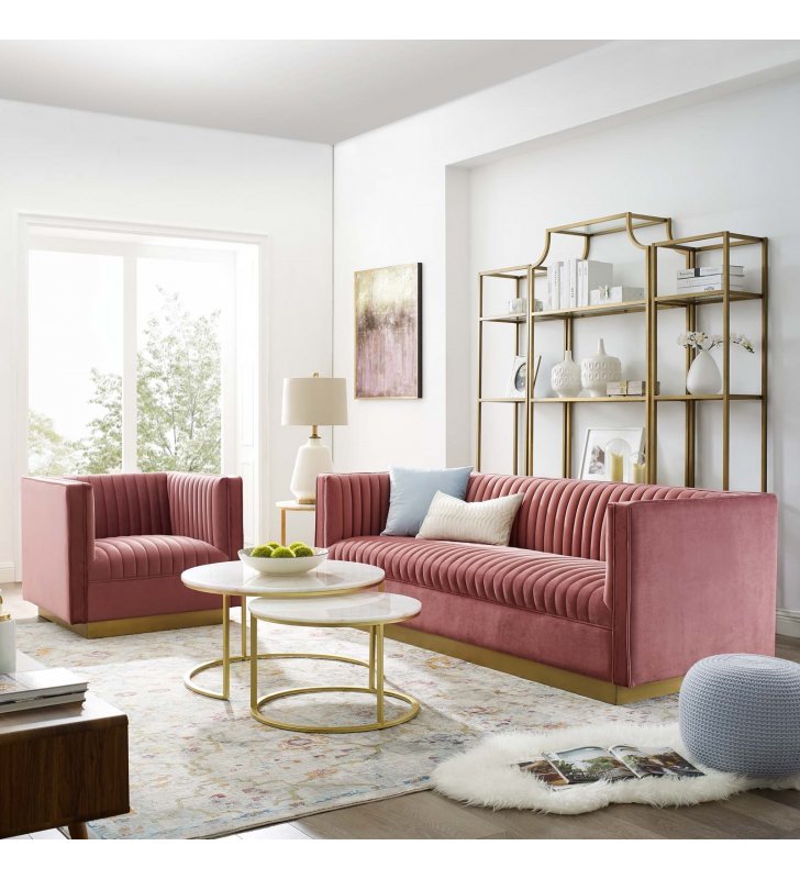 Sanguine Vertical Channel Tufted Upholstered Performance Velvet Sofa and Armchair Set in Dusty Rose - Lexmod