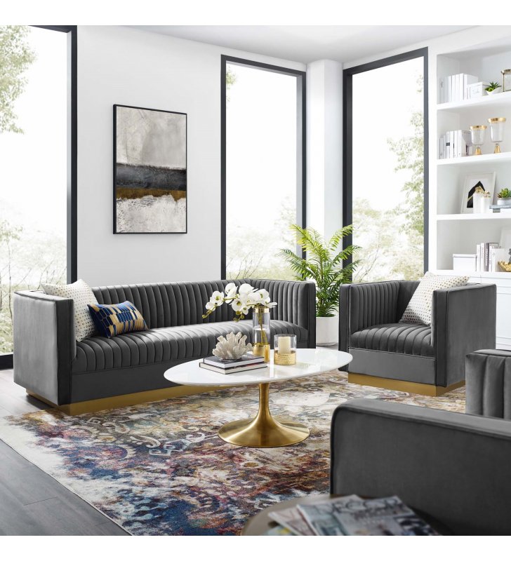 Sanguine Vertical Channel Tufted Upholstered Performance Velvet Sofa and Armchair Set in Gray - Lexmod