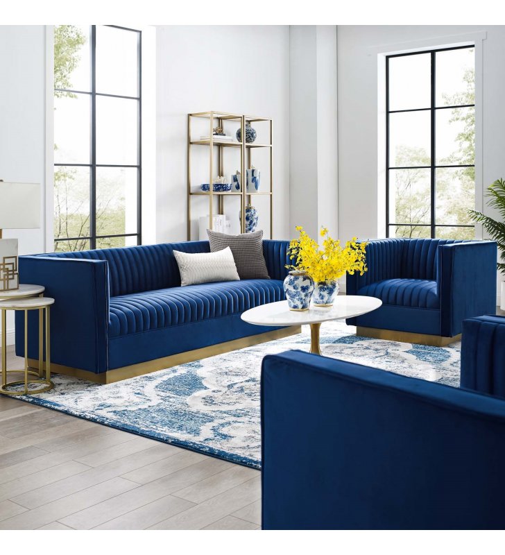 Sanguine Vertical Channel Tufted Upholstered Performance Velvet Sofa and Armchair Set in Navy - Lexmod