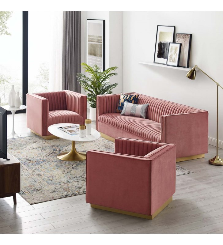 Sanguine 3 Piece Vertical Channel Tufted Upholstered Performance Velvet Set in Dusty Rose - Lexmod