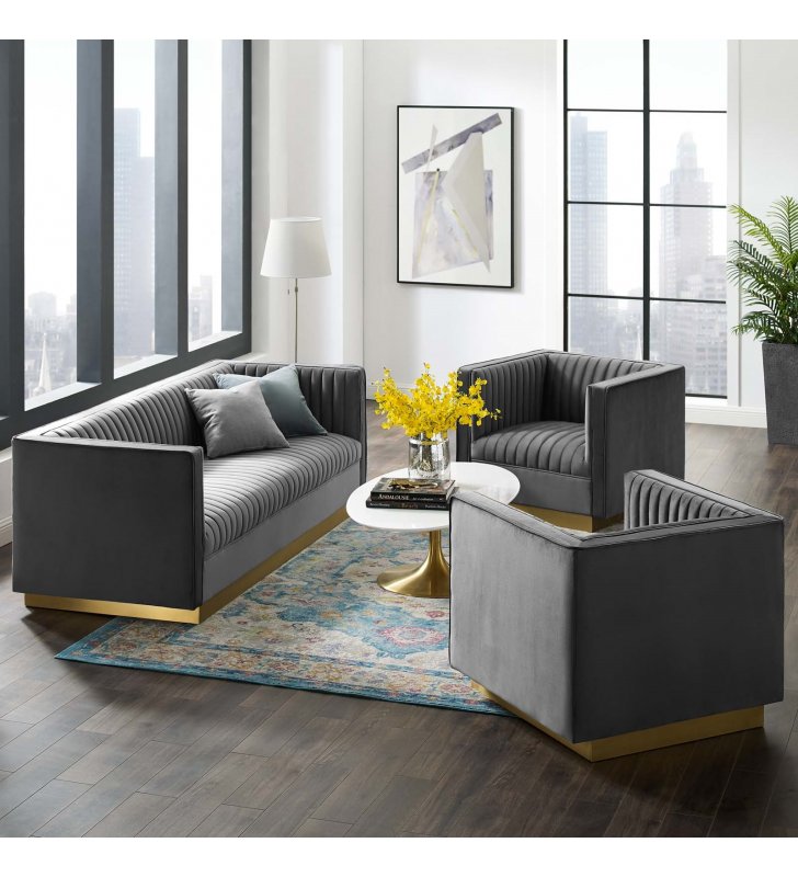 Sanguine 3 Piece Vertical Channel Tufted Upholstered Performance Velvet Set in Gray - Lexmod
