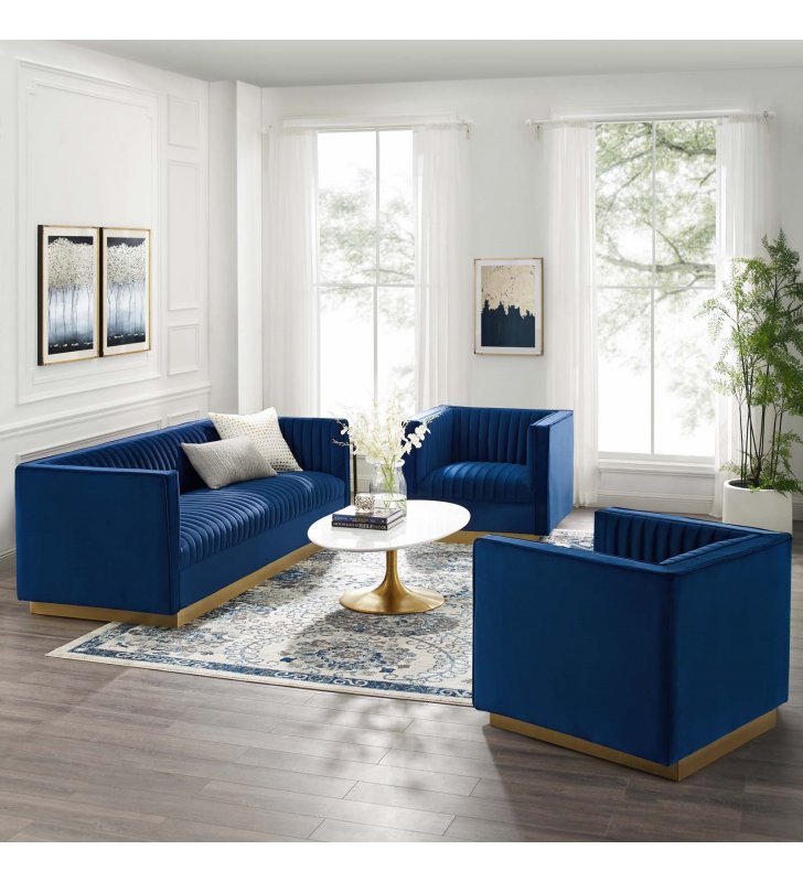 Sanguine 3 Piece Vertical Channel Tufted Upholstered Performance Velvet Set in Navy - Lexmod