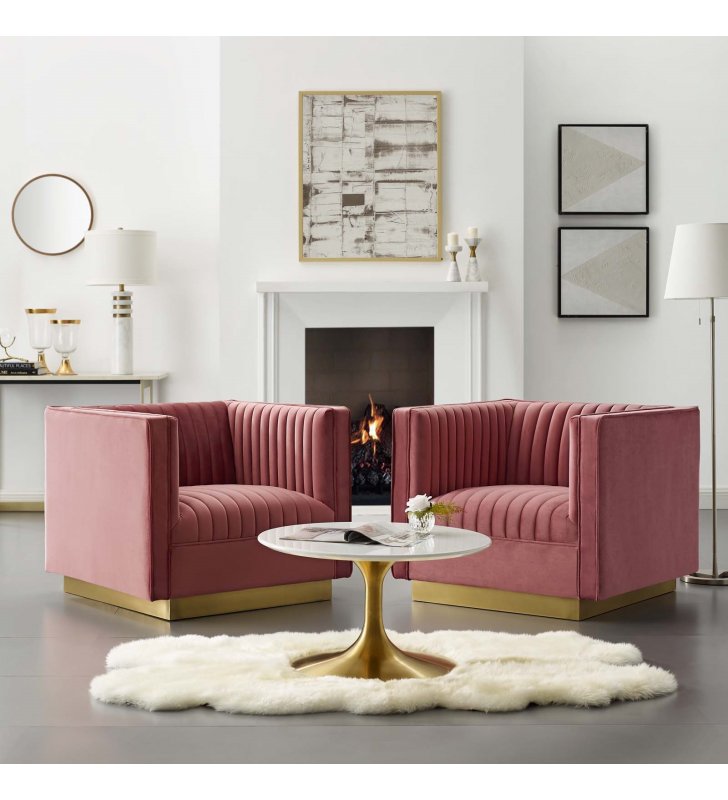 Sanguine Vertical Channel Tufted Upholstered Performance Velvet Armchair Set of 2 in Dusty Rose - Lexmod