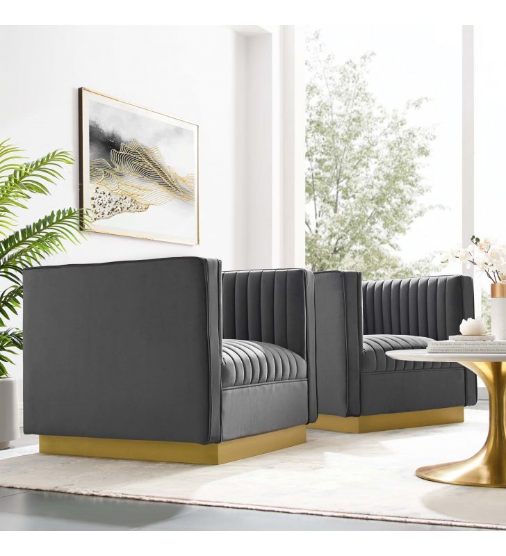Sanguine Vertical Channel Tufted Upholstered Performance Velvet Armchair Set of 2 in Gray - Lexmod