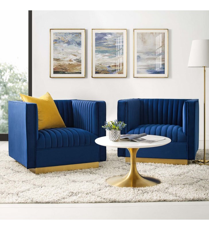 Sanguine Vertical Channel Tufted Upholstered Performance Velvet Armchair Set of 2 in Navy - Lexmod