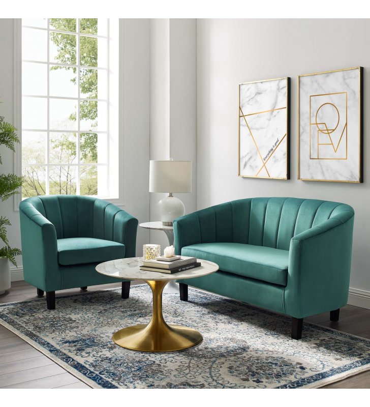 Prospect Channel Tufted Performance Velvet Loveseat and Armchair Set in Teal - Lexmod