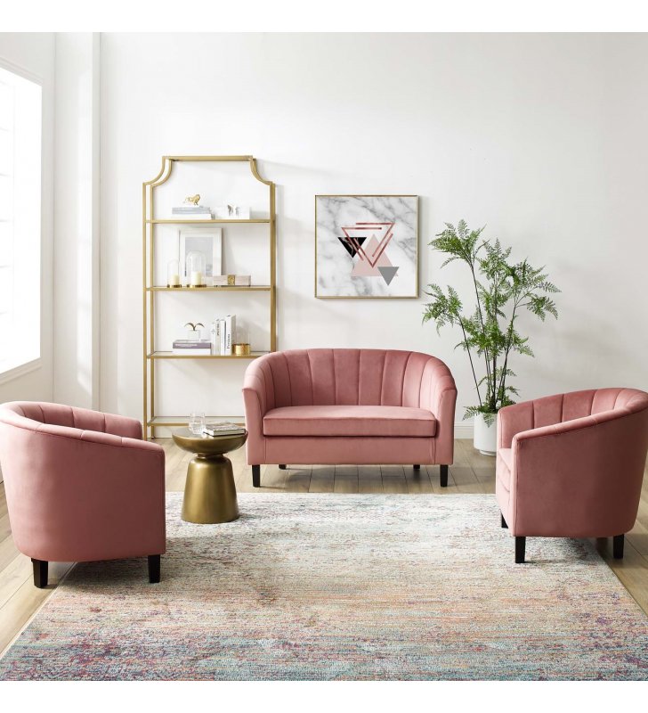 Prospect Channel Tufted 3 Piece Performance Velvet Set in Dusty Rose - Lexmod