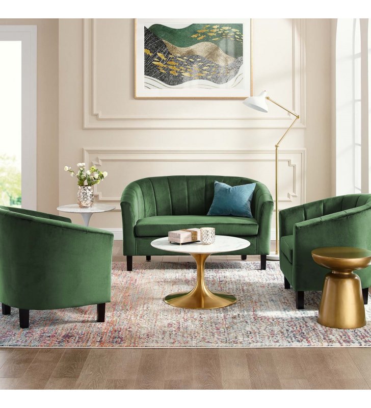 Prospect Channel Tufted 3 Piece Performance Velvet Set in Emerald - Lexmod