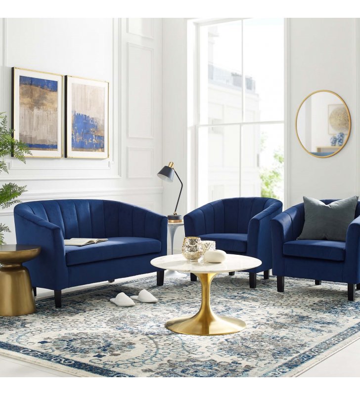 Prospect Channel Tufted 3 Piece Performance Velvet Set in Navy - Lexmod