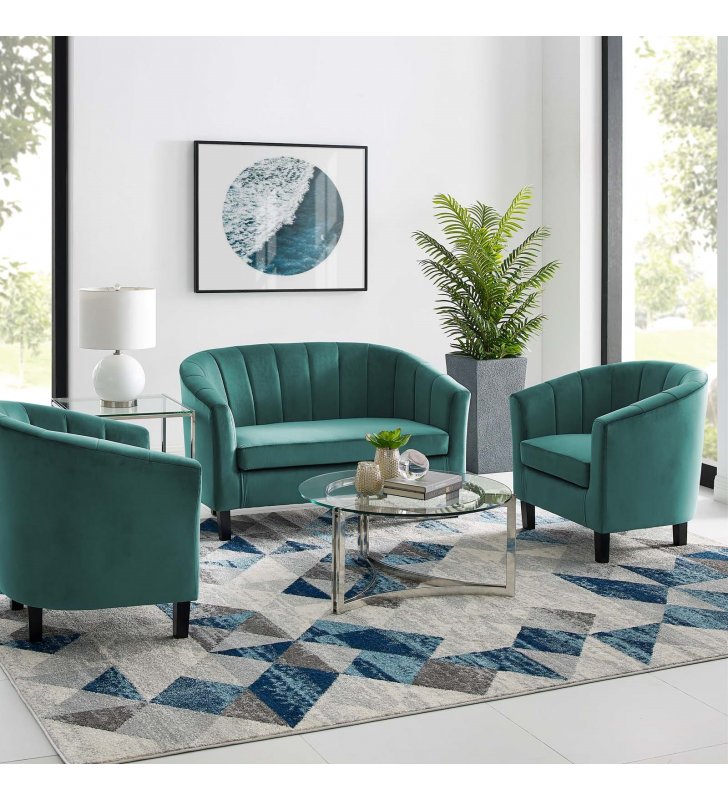 Prospect Channel Tufted 3 Piece Performance Velvet Set in Teal - Lexmod