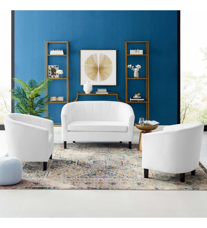 Prospect Channel Tufted 3 Piece Performance Velvet Set in White - Lexmod
