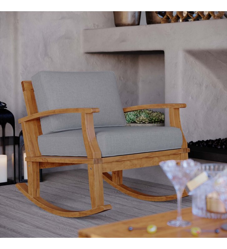 Marina Outdoor Patio Teak Rocking Chair in Natural Gray - Lexmod
