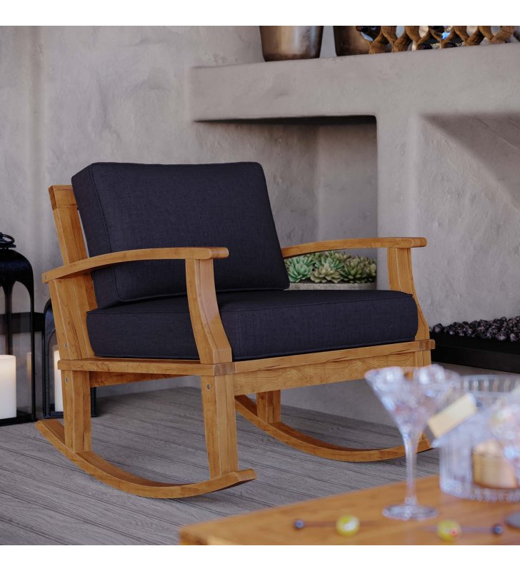 Marina Outdoor Patio Teak Rocking Chair in Natural Navy - Lexmod