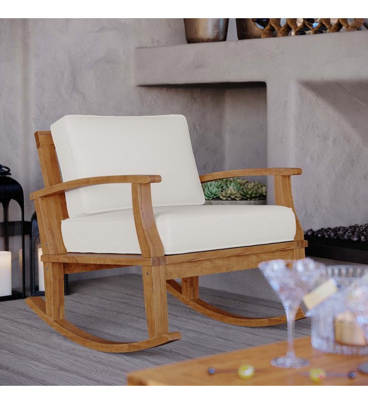 Marina Outdoor Patio Teak Rocking Chair in Natural White - Lexmod