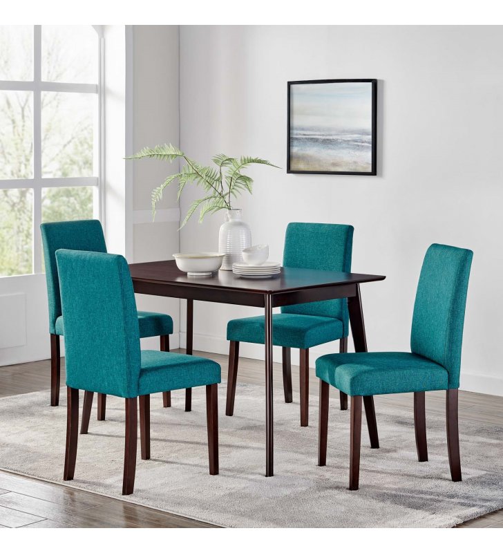 Prosper 5 Piece Upholstered Fabric Dining Set in Cappuccino Teal - Lexmod
