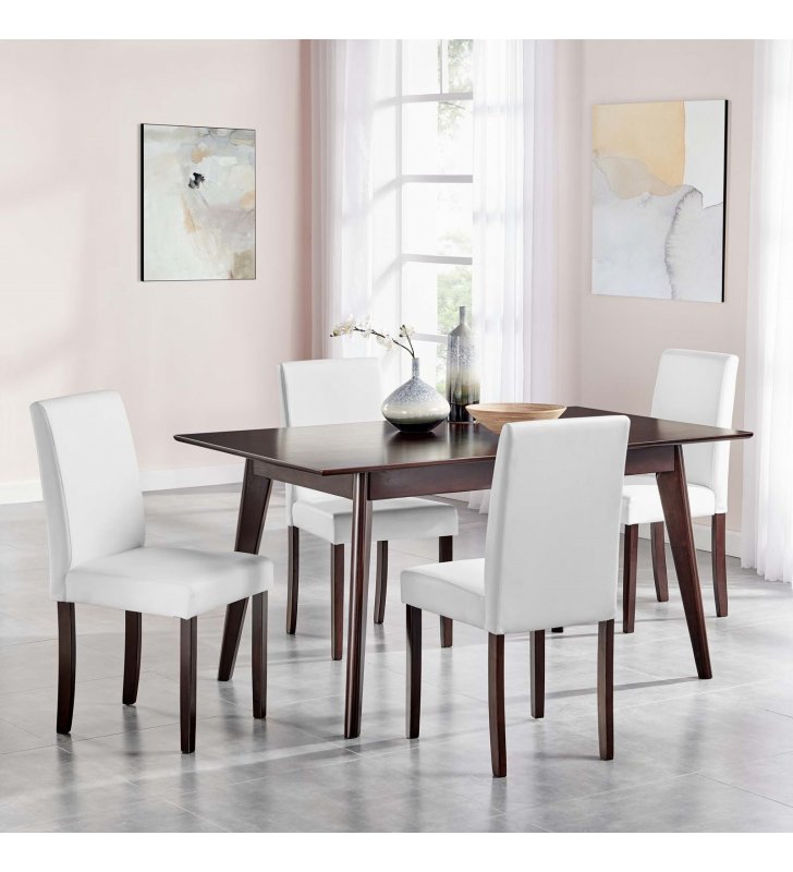 Prosper 5 Piece Faux Leather Dining Set in Cappuccino White - Lexmod