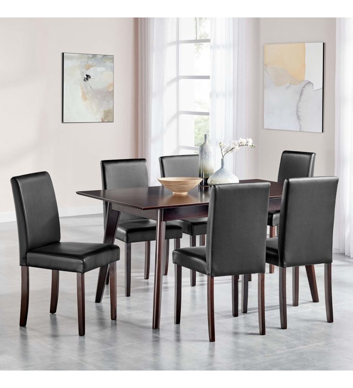 Prosper 7 Piece Faux Leather Dining Set in Cappuccino Black - Lexmod