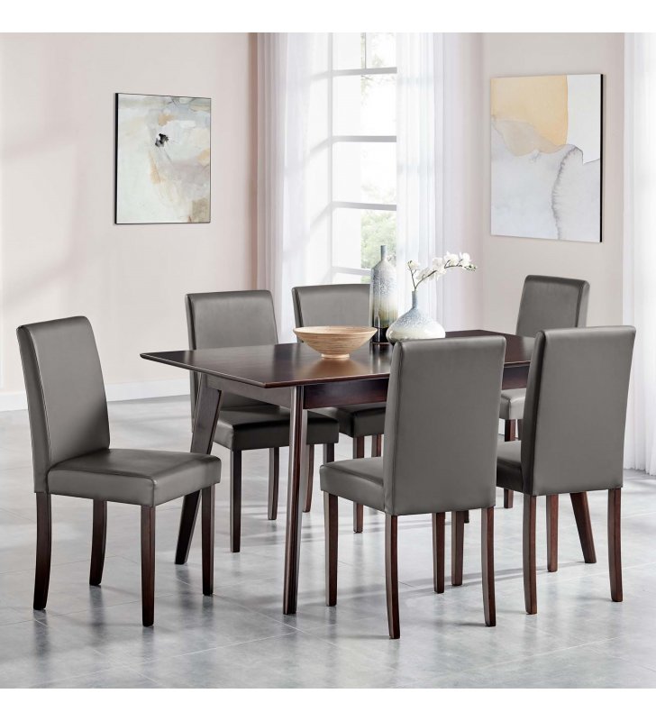 Prosper 7 Piece Faux Leather Dining Set in Cappuccino Gray - Lexmod