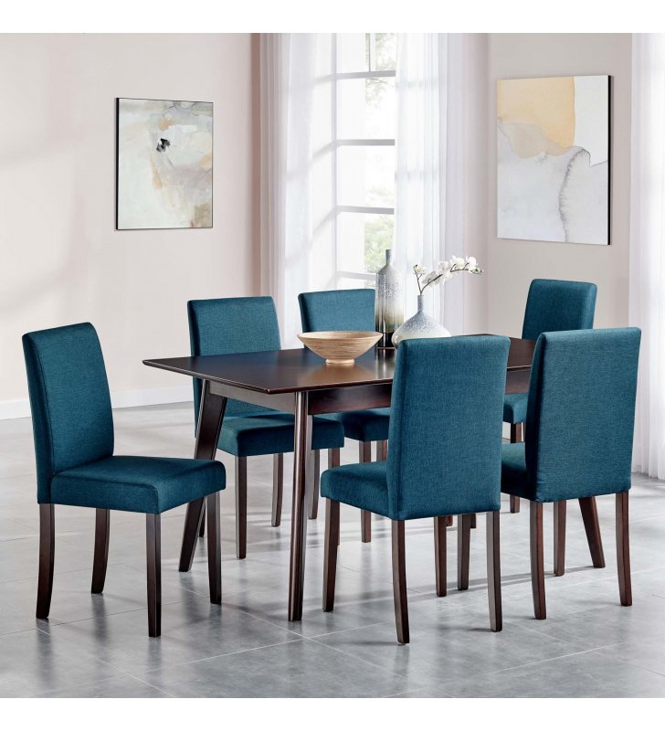 Prosper 7 Piece Upholstered Fabric Dining Set in Cappuccino Blue - Lexmod