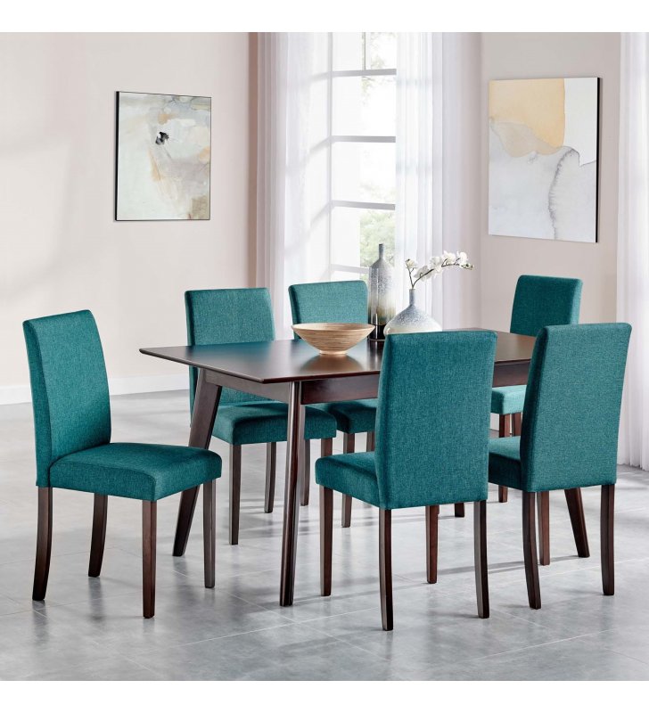 Prosper 7 Piece Upholstered Fabric Dining Set in Cappuccino Teal - Lexmod