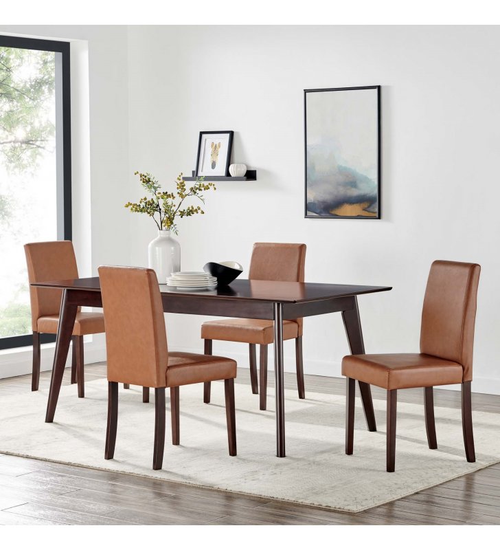 Prosper 5 Piece Faux Leather Dining Set in Cappuccino Tan - Lexmod