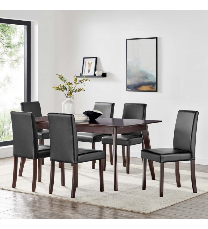 Prosper 7 Piece Faux Leather Dining Set in Cappuccino Black - Lexmod