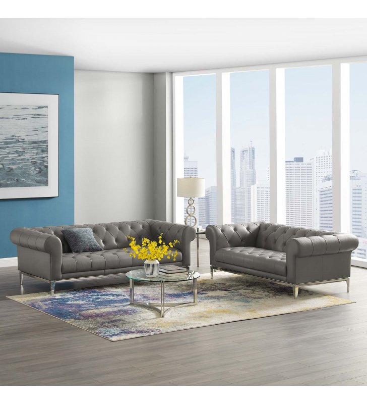 Idyll Tufted Upholstered Leather Sofa and Loveseat Set in Gray - Lexmod