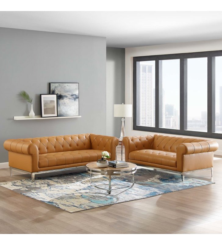 Idyll Tufted Upholstered Leather Sofa and Loveseat Set in Tan - Lexmod