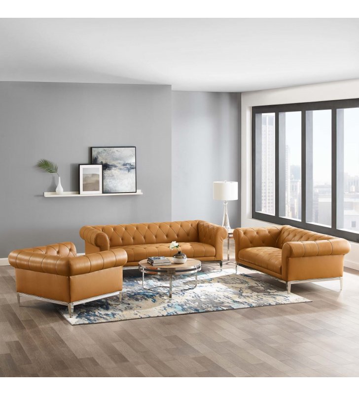 Idyll 3 Piece Upholstered Leather Set in Tan - Lexmod