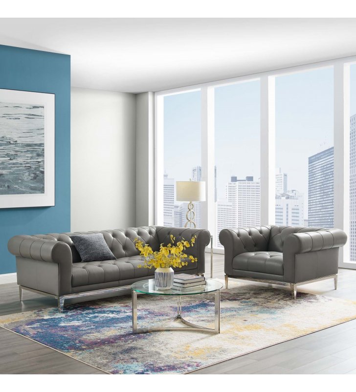 Idyll Tufted Upholstered Leather Sofa and Armchair Set in Gray - Lexmod