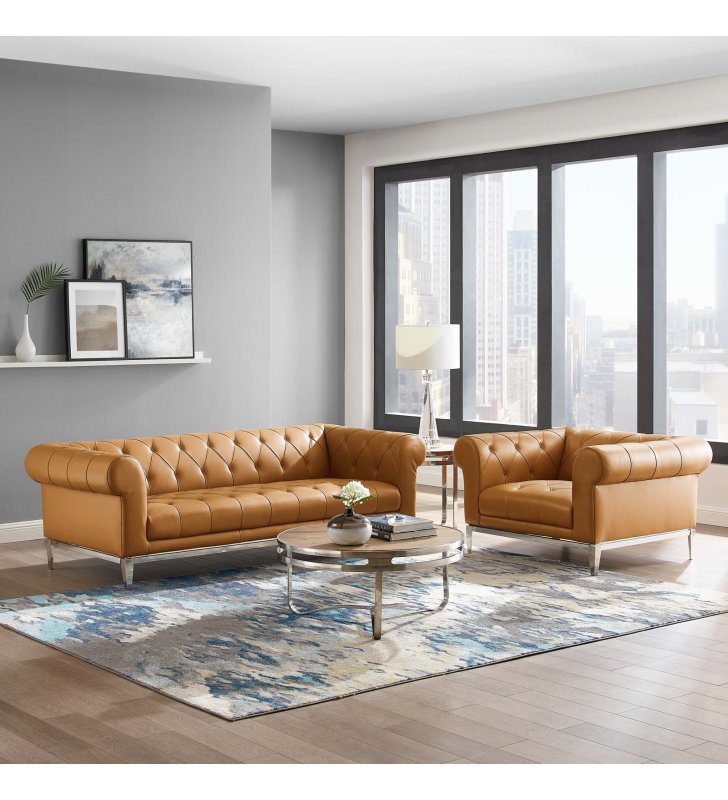 Idyll Tufted Upholstered Leather Sofa and Armchair Set in Tan - Lexmod