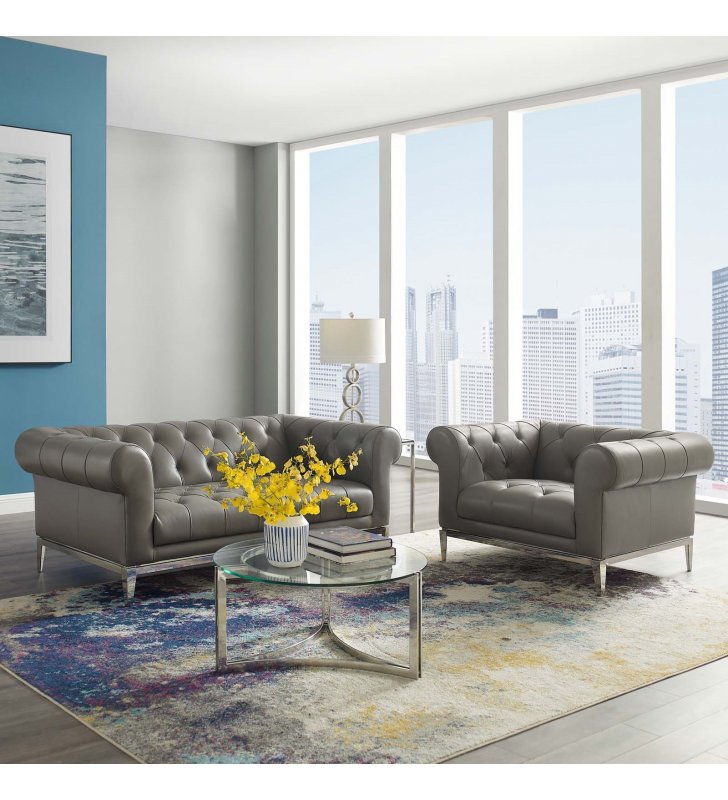 Idyll Tufted Upholstered Leather Loveseat and Armchair in Gray - Lexmod