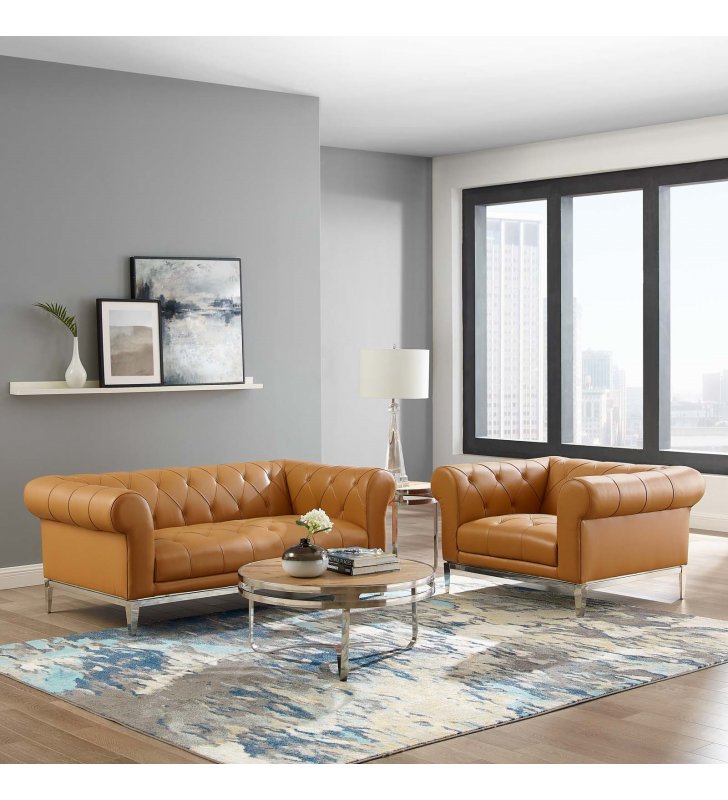 Idyll Tufted Upholstered Leather Loveseat and Armchair in Tan - Lexmod