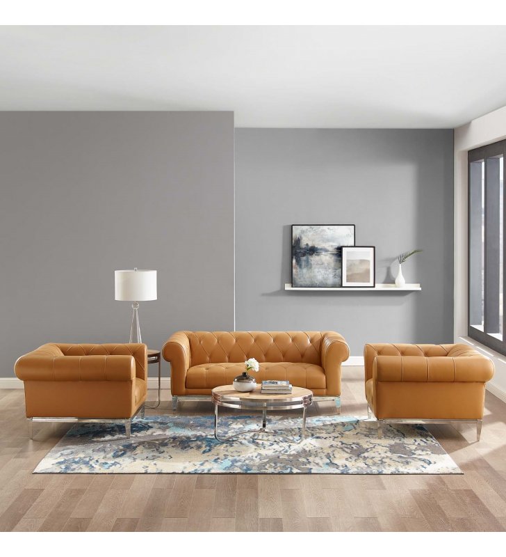 Idyll Tufted Upholstered Leather 3 Piece Set in Tan - Lexmod