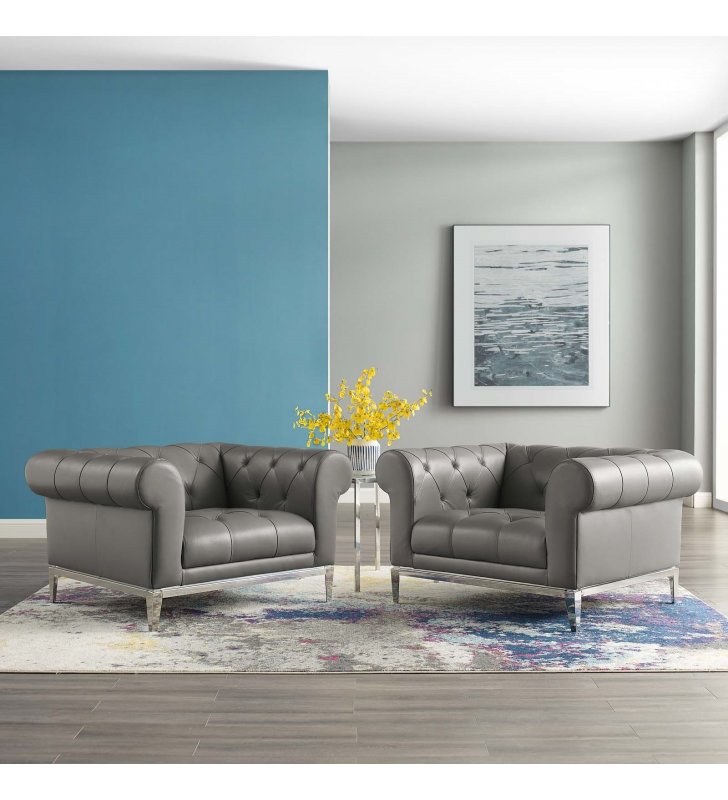 Idyll Tufted Upholstered Leather Armchair Set of 2 in Gray - Lexmod