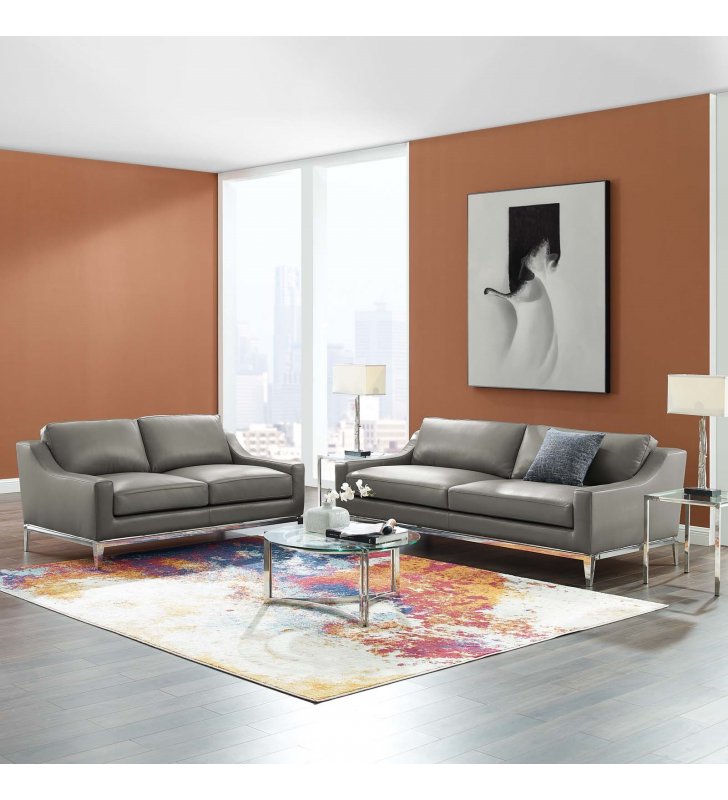 Harness Stainless Steel Base Leather Sofa and Loveseat Set in Gray - Lexmod