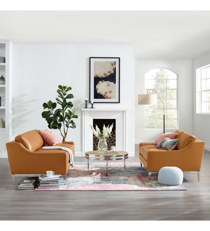 Harness Stainless Steel Base Leather Sofa and Loveseat Set in Tan - Lexmod