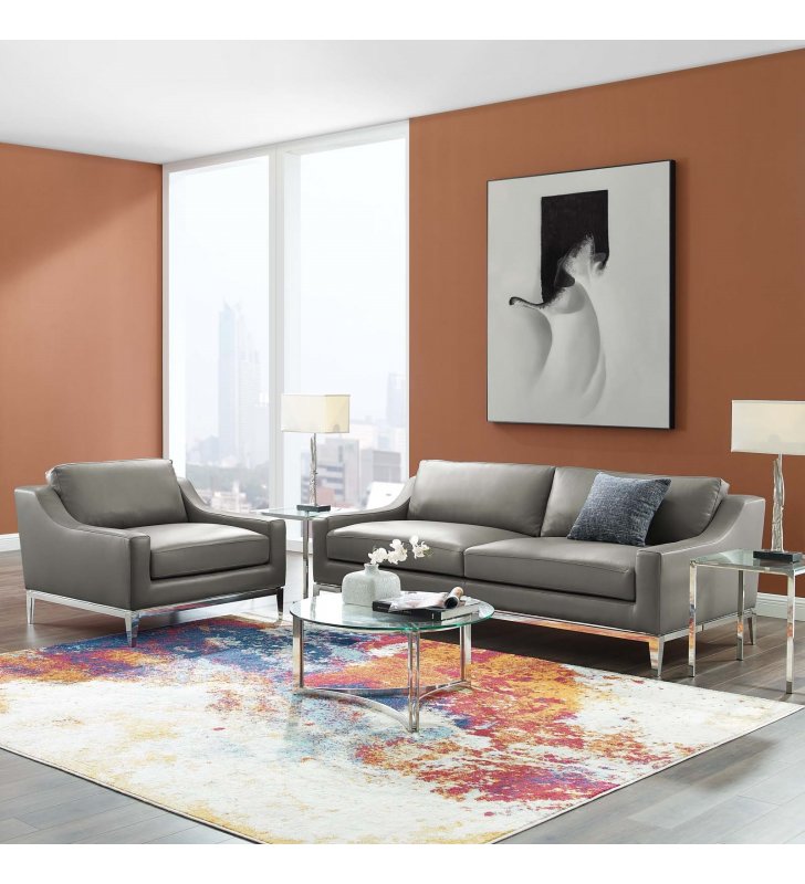 Harness Stainless Steel Base Leather Sofa & Armchair Set in Gray - Lexmod
